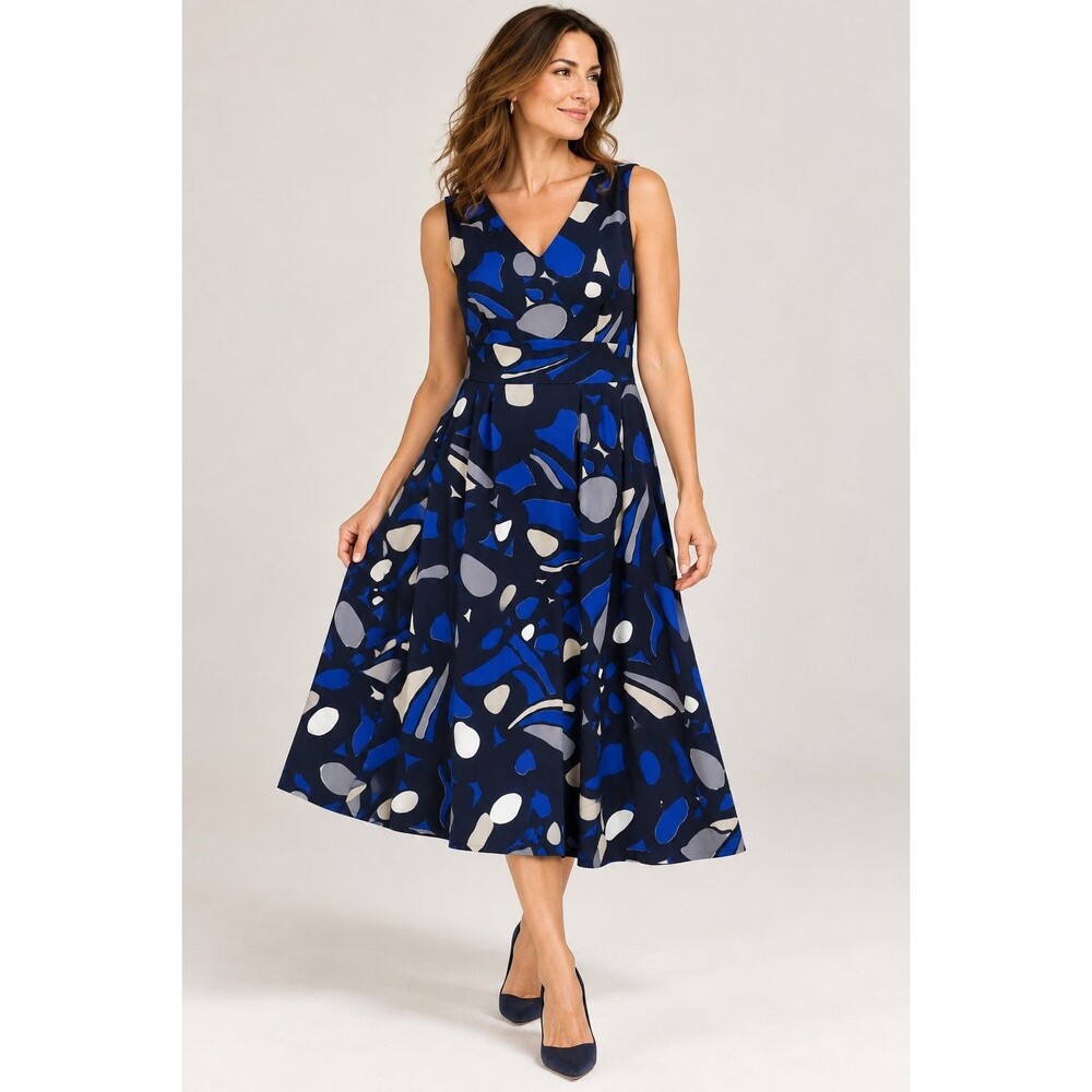 George Designs by Mark Eisen Dress 16 Navy Blue Abstract Print V Neck Midi